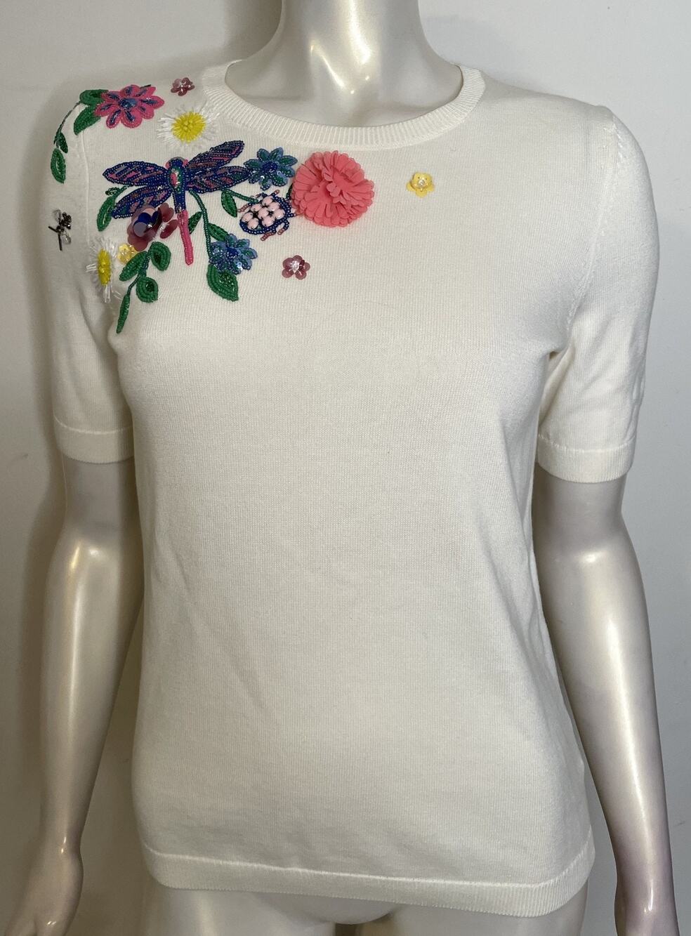 Talbots Beaded Sweater S Dragonfly Beetle Flowers Bee Applique Sequin SS Keyhole